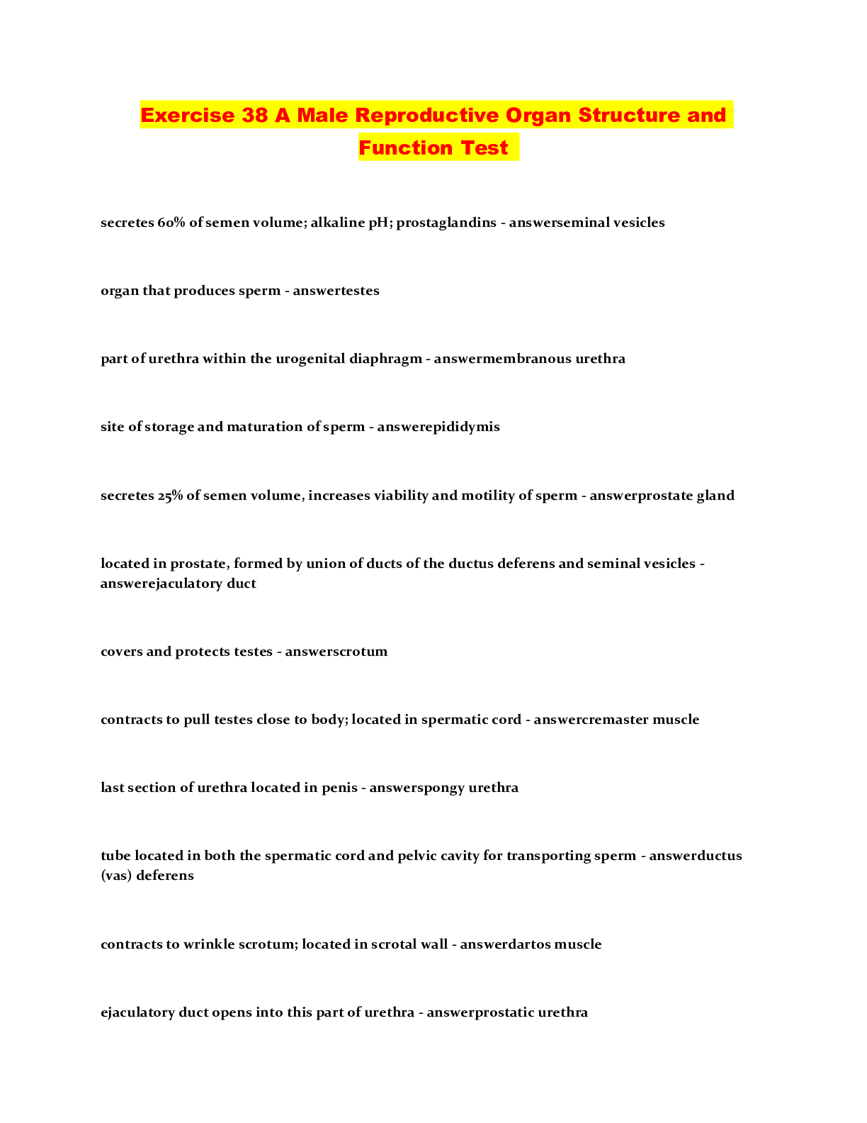 Preview image of Exercise 38 A Male Reproductive Organ Structure and Function Test document